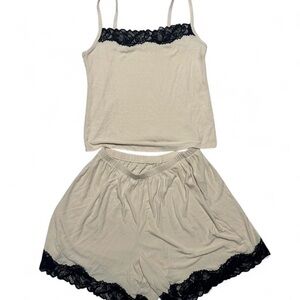 Elegant Beige and Black Lace Trim  Aerie Sleepwear Set